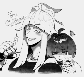 1boy 1girl blunt_bangs brother_and_sister commentary english_commentary gloves greyscale gwynn_(pokemon) highres holding holding_phone ivor_(pokemon) long_hair looking_at_viewer mole mole_under_mouth monochrome nintendo nyantcha open_mouth phone pokemon pokemon_legends:_z-a short_hair siblings sidelocks smile