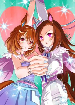 Rule 34 | 2girls, animal ears, blue dress, blush, breasts, brown hair, cape, commentary request, dancing, dress, ear covers, flower in eye, formal clothes, gradient clothes, gradient dress, heart, highres, holding hands, horse ears, horse girl, horse tail, jacket, long hair, long sleeves, multiple girls, neru ika, north flight (light blue flash) (umamusume), north flight (umamusume), official alternate costume, official alternate hairstyle, open mouth, pants, pink cape, sakura bakushin o (swift runner of spring thunder) (umamusume), sakura bakushin o (umamusume), short hair, single ear cover, suit, symbol in eye, tail, umamusume, white jacket, white pants, white suit