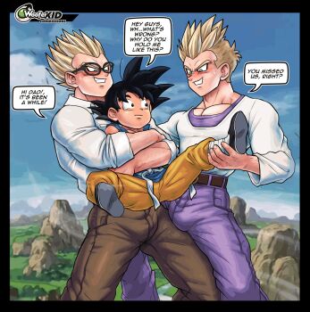 3boys ahegao ahoge animated animated_gif blush bulge cum cum_in_ass cum_on_hair dialogue_box double_penetration dragon_ball dragon_ball_gt ejaculating_while_penetrated ejaculation erection highres multiple_boys rape restrained shota son_gohan son_goku son_goten super_saiyan transformation wooferkid yaoi