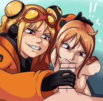 1boy 2girls angry assisted_fellatio bar_censor black_gloves blonde_hair breasts brown_eyes censored cleavage eyewear_on_head fellatio freckles gloves goggles gradient_background highres jacket medium_breasts multiple_girls nami_(one_piece) nude one_piece oral orange_hair orange_jacket pov s0_underrated smile vegapunk_york yellow_eyes