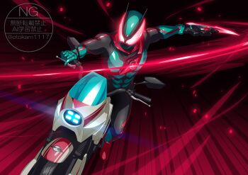 Rule 34 | 1boy, absurdres, armor, black background, black bodysuit, bodysuit, breakam zeztzer, capsems, code zeroider, commentary, english commentary, green armor, green helmet, helmet, highres, kamen rider, kamen rider zeztz, kamen rider zeztz (series), male focus, motor vehicle, motorcycle, on motorcycle, otokamu, red background, red eyes, riding, solo, tokusatsu, zeztz driver