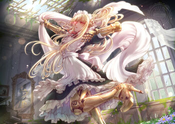 1girl apron artificial_eye black_shirt black_skirt blonde_hair broken_ceiling commentary_request cyborg dancing different_reflection flower high_heels indoors instrument kodue55 long_hair maid maid_apron maid_headdress mechanical_arms mechanical_eye mechanical_legs mirror moss original piano purple_flower red_eyes reflection ruins shirt single_mechanical_eye skirt solo window