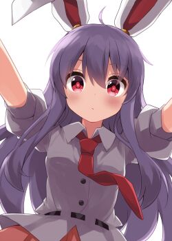 Rule 34 | 1girl, animal ears, blush, buttons, closed mouth, collared shirt, commentary request, highres, long hair, looking at viewer, necktie, outstretched arms, pink skirt, puffy short sleeves, puffy sleeves, purple hair, rabbit ears, red eyes, red necktie, reisen udongein inaba, ruu (tksymkw), shirt, short sleeves, simple background, skirt, solo, touhou, upper body, white background, white shirt