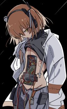 1girl a.i._voice absurdres adachi_rei android black_background black_shirt cable clothes_lift commentary_request cowboy_shot exposed_internal_machinery gloves grey_skirt hair_ribbon hand_up headlamp highres jacket long_sleeves looking_at_viewer masshutake mechabare mouth_hold navel open_clothes open_jacket orange_hair radio_antenna ribbon shirt shirt_lift skirt solo white_gloves white_jacket yellow_eyes