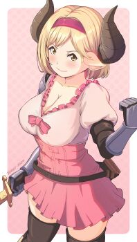 Rule 34 | 1girl, absurdres, alternate species, armor, blonde hair, blush, bob cut, breasts, djeeta (granblue fantasy), draph, gauntlets, granblue fantasy, highres, holding, holding sword, holding weapon, horns, large breasts, pointy ears, puffy short sleeves, puffy sleeves, scabbard, sheath, short hair, short sleeves, shoulder armor, smile, solo, sword, tenescross, thighhighs, weapon