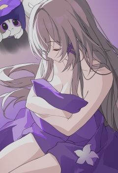 Rule 34 | 1girl, absurdres, breasts, brown hair, chinese commentary, cleavage, closed eyes, commentary request, cake cat (honkai: star rail), evzeva, herta (honkai: star rail), highres, honkai: star rail, honkai (series), hugging object, long hair, medium breasts, pillow, pillow hug, solo, the herta (honkai: star rail), thighs, under covers, very long hair