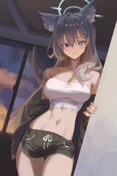 Rule 34 | 1girl, absurdres, animal ear fluff, animal ears, black shorts, black sweater, blue archive, blue eyes, blue halo, breasts, commentary request, cross hair ornament, dolphin shorts, grey hair, hair ornament, halo, highres, korean commentary, large breasts, long hair, looking at viewer, midriff, navel, shiroko terror (blue archive), shorts, solo, sweater, tank top, thighs, very long hair, white tank top, wolf ears, wolf girl, yc97