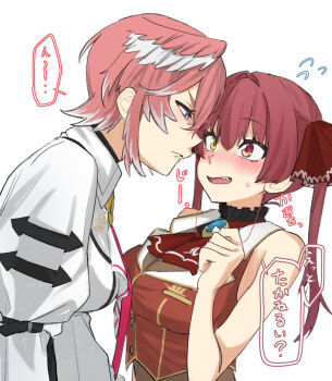 ascot blue_eyes blush hair_between_eyes hair_ribbon head_wings heterochromia highres hololive houshou_marine houshou_marine_(1st_costume) karakr_shin long_hair long_sleeves necktie pink_hair red_eyes red_hair ribbon shirt short_hair skirt sleeveless takane_lui takane_lui_(1st_costume) translation_request twintails virtual_youtuber white_background white_shirt wings yellow_eyes yuri