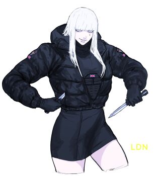 1girl absurdres black_gloves cropped_legs fur-trimmed_jacket fur_trim gloves gun highres holding holding_gun holding_weapon jacket long_hair looking_at_viewer original parted_lips peinlike simple_background skirt smile solo union_jack weapon white_background white_eyes white_hair