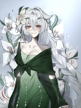 1girl bandaged_arm bandages blush braid collarbone cookie_run cookie_run:_kingdom cowboy_shot dress flower green_dress hair_flower hair_ornament highres lily_(flower) long_hair looking_at_viewer nova_1810 red_eyes shawl simple_background single_braid smile solo standing white_hair white_lily_cookie