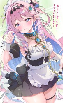 1girl absurdres ahoge alternate_costume apron black_dress blue_eyes blue_hair blush breasts chain closed_mouth colored_inner_hair commentary_request denia_(wuthering_waves) dress enmaided hair_intakes hair_ornament hand_up highres koharutoki02 large_breasts long_hair looking_at_viewer maid multicolored_hair partial_commentary pink_hair smile solo stuffed_toy thighs wuthering_waves