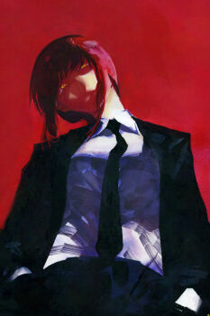 1girl absurdres black_necktie black_pants black_suit chainsaw_man closed_mouth collared_shirt commentary cowboy_shot english_commentary formal_clothes from_below hands_in_pockets highres makima_(chainsaw_man) necktie pants raneblu red_background red_hair ringed_eyes shirt short_hair_with_long_locks solo suit white_shirt yellow_eyes
