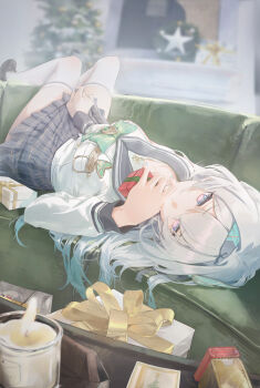 1girl absurdres black_shoes bow bowtie breasts candle christmas_tree couch firefly_(honkai:_star_rail) firefly_(spring_missive)_(honkai:_star_rail) gift green_bow green_bowtie grey_hair grey_hairband grey_sailor_collar grey_skirt guan_byeol hairband highres holding holding_gift honkai:_star_rail honkai_(series) indoors knees_up long_hair lying medium_breasts on_back on_couch plaid_clothes plaid_skirt pleated_skirt purple_eyes sailor_collar shirt shoes sitting skirt solo upside-down white_shirt