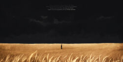 Rule 34 | 1boy, absurdres, album-aurum, black sky, crown, dark background, distant, field, german text, highres, holding wheat, im (one piece), looking at viewer, no mouth, one piece, outdoors, silhouette, sky, solo, standing, wheat, wheat field, white eyes