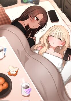 2girls black_shirt blonde_hair brown_eyes brown_hair cellphone closed_mouth commentary_request cup dark-skinned_female dark_skin food fruit gyaru_to_gyaru_no_yuri highres indoors inoue_koharu kotatsu long_hair looking_at_another lying mandarin_orange multiple_girls open_mouth phone shirt sleeping table taooka_yua watase_reina white_shirt yuri