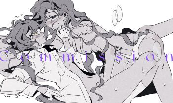 2girls blush breasts collared_shirt commission fingering glasses highres hl_(iamawhitehippo) isolde_(reverse:1999) kakania_(reverse:1999) long_sleeves medium_breasts multiple_girls navel open_clothes open_mouth open_shirt purple_eyes reverse:1999 shirt sweat yellow_eyes yuri