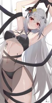Rule 34 | 1girl, absurdres, arknights, bikini, black bikini, breasts, commentary request, demon girl, demon horns, diamond hair ornament, flower, grey hair, highres, horns, infection monitor (arknights), jewelry, long hair, looking at viewer, material growth, medium breasts, mudrock (arknights), mudrock (silent night) (arknights), navel, necklace, official alternate costume, oripathy lesion (arknights), pointy ears, red eyes, sarong, signature, solo, stomach, swimsuit, tumugi sunohara, yellow flower