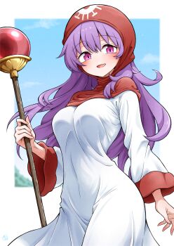 1girl :d border breasts commentary_request cowboy_shot dragon_quest dragon_quest_ii dress headscarf highres holding holding_staff large_breasts long_hair long_sleeves looking_at_viewer open_mouth outside_border princess_of_moonbrook purple_eyes purple_hair red_headscarf scavia10 smile solo staff standing white_border white_dress