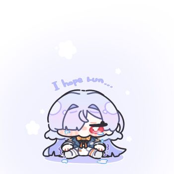 blush chibi chibi_only commentary_request crying english_text gradient_eyes grey_hair hair_intakes hair_over_one_eye highres long_hair mornye_(wuthering_waves) multicolored_eyes red_eyes school_uniform simple_background sitting syurikenmaru tearing_up white_background wuthering_waves