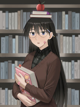 Rule 34 | 1girl, absurdres, apple on head, azumanga daiou, bandaid, bandaid on cheek, bandaid on face, bandaid on hand, black hair, black shirt, blue eyes, book, book on head, brown vest, glasses, highres, library, long hair, looking at viewer, naoyuki arts, object on head, parted lips, pencil, plaid clothes, plaid shirt, round eyewear, sakaki (azumanga daioh), shirt, solo, sticker, vest