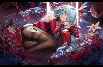 1girl bandaged_arm bandages bare_shoulders beamed_sixteenth_notes black_pantyhose commentary detached_sleeves dress eighth_note flower grey_eyes grey_hair halter_dress halterneck hibikissmoon highres instrument letterboxed long_hair looking_at_viewer lying musical_note musical_staff on_side pantyhose parted_lips phrolova_(wuthering_waves) red_dress red_flower revision single_detached_sleeve solo spider_lily symbol-only_commentary treble_clef wuthering_waves