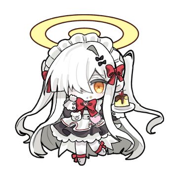 1girl :t absurdly_long_hair alternate_costume animal_bag ankle_ribbon apron bear_bag black_bow black_dress blue_archive bow cherry chibi commentary_request crumbs dress enmaided food food_on_face frilled_apron frills fruit hair_bow hair_over_one_eye halo hand_up heart highres holding holding_plate konattang leg_ribbon long_hair long_sleeves maid maid_headdress malkuth_(blue_archive) orange_eyes plate pudding puffy_sleeves red_bow red_ribbon ribbon standing standing_on_one_leg symbol-shaped_pupils transparent_background two_side_up very_long_hair white_apron white_hair x-shaped_pupils