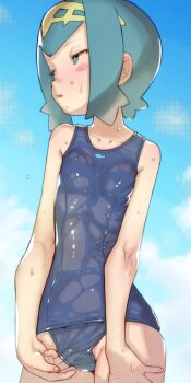 1girl adjusting_clothes adjusting_swimsuit blue_eyes blue_hair blue_one-piece_swimsuit blue_sky breasts highres lana_(pokemon) loli looking_to_the_side nintendo no_sclera old_school_swimsuit one-piece_swimsuit pokemon pokemon_sun_and_moon school_swimsuit short_hair sky small_breasts solo soon_(c-u-soon) swimsuit upper_body