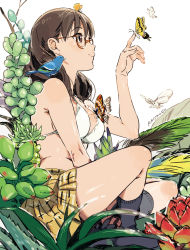1girl animal animal_on_shoulder artist_name bare_arms bare_shoulders beak between_legs bird bird_on_shoulder black_socks blush bra branch breasts brown_eyes brown_hair bug butterfly butterfly_on_hand butterfly_on_head cleavage closed_mouth eyebrows female_focus from_side glasses grass hand_between_legs highres index_finger_raised indian_style insect ladybug long_hair looking_up moth moth_on_hand moth_on_head no_shirt no_shoes on_shoulder original plaid_clothes plaid_skirt plant profile red-framed_eyewear semi-rimless_eyewear shiny_skin signature simple_background sitting skirt smile socks solo umishima_senbon under-rim_eyewear underwear white_bra yellow_skirt