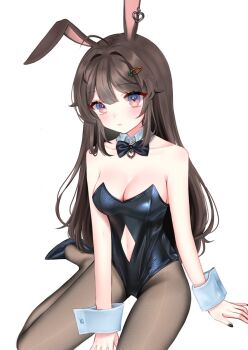 1girl ahoge animal_ears arm_support arms_at_sides black_bow black_bowtie black_leotard black_nails bow bowtie breasts brown_hair brown_hiphighs carrot_hair_ornament center-flap_bangs cleavage closed_mouth collar commentary double-parted_bangs earrings english_commentary expressionless fingernails food-themed_hair_ornament foot_out_of_frame hair_ornament heart heart_earrings highres hiphighs indoors jewelry leotard loltinami long_hair looking_at_viewer medium_breasts multicolored_eyes nail_polish pink_eyes playboy_bunny purple_eyes rabbit_ears rabbit_girl self-portrait simple_background single_earring sitting solo strapless strapless_leotard tinami_(vtuber) two-tone_eyes vdonburi virtual_youtuber watermark white_background white_collar white_wrist_cuffs wing_collar wrist_cuffs