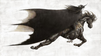 Rule 34 | 1boy, black cape, black hair, black hat, cape, d (vampire hunter d), from side, hat, highres, horse, horseback riding, long hair, pale skin, riding, swampybog, vampire hunter d