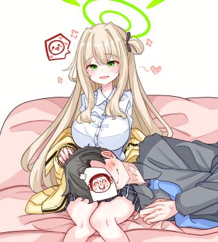 1boy 1girl absurdres black_shirt blonde_hair blue_archive blue_necktie blush breasts collared_shirt couple doodle_sensei_(blue_archive) green_eyes green_halo halo happy heart hetero highres huge_breasts long_hair long_sleeves lying_on_lap necktie nonomi_(blue_archive) off_shoulder peroronti sensei_(blue_archive) shirt sitting smile very_long_hair white_background white_shirt