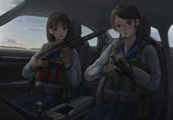 Rule 34 | 2girls, 787nanahachi, ammunition, ammunition pouch, ar-15, benelli m4, black hair, blue sailor collar, blue skirt, brown eyes, brown gloves, car interior, glasses, glock, gloves, gun, handgun, hashtag-only commentary, highres, low twintails, medium hair, multiple girls, original, pleated skirt, pouch, rifle, sailor collar, school uniform, serafuku, shotgun, shotgun shell, sitting, skirt, tactical clothes, tactical school uniform, twintails, weapon