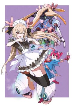 3girls android apron black_dress black_thighhighs blonde_hair blue_serafuku blue_shirt blue_skirt border comiket_105 commentary_request dress frilled_apron frills full_body hands_up heart heart_hands highres holding holding_wand joints jumping kintamawaru long_hair looking_at_viewer maid maid_headdress mechanical_arms mechanical_legs mechanization multiple_girls natori_sana natori_sana_(nurse) official_alternate_costume one_eye_closed open_mouth outside_border pink_eyes pink_hair pleated_skirt puffy_short_sleeves puffy_sleeves red_eyes robot_joints sana_channel school_uniform serafuku shirt short_sleeves skirt smile thighhighs virtual_youtuber waist_apron wand white_apron white_border