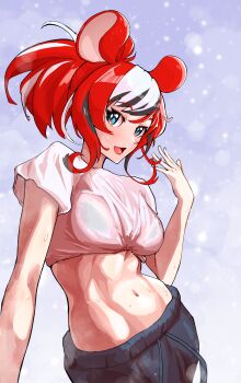 1girl absurdres animal_ear_fluff animal_ears arm_up black_bra black_hair black_pants black_streaks blue_eyes bra bra_peek breasts commentary double-parted_bangs hair_between_eyes hakos_baelz highres hololive hololive_english looking_at_viewer medium_breasts midriff mouse_ears mouse_tail multicolored_hair navel open_mouth pants ponytail red_hair see-through_clothes see-through_shirt shirt smile sweat sweatpants tail tied_shirt toned toned_female underwear virtual_youtuber white_hair white_shirt yodokogon
