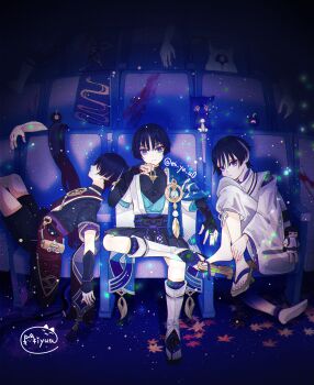 3boys absurdres anemo_symbol_(genshin_impact) animalization armor artist_name belt black_belt black_bodysuit black_bow black_bridal_gauntlets black_cat black_hair black_kimono black_sandals black_shorts black_sleeves black_veil blood blood_stain blue_cape blue_gem blue_kimono blue_sleeves blunt_ends bodysuit bow bridal_gauntlets brown_sandals cape cat closed_mouth dottore_(genshin_impact) eyeliner facing_up feathers fetal_position fingernails furisode gem genshin_impact geta gold gold_ring gold_trim grey_hair hakama hakama_shorts hand_on_own_leg hand_up highres indoors japanese_armor japanese_clothes jewelry juban kariginu kimono kote kurokote layered_sleeves leaf leaning_back leg_warmers makeup mandarin_collar maple_leaf middle_ring movie_theater multicolored_hair multiple_boys multiple_persona neck_ring o-ring open_clothes open_kimono pants parted_lips person_and_animalization pleated_shorts pom_pom_(clothes) purple_hair purple_rope purple_sash purple_sleeves red_eyeliner red_kimono red_sash rope royal_ease sandals sash scaramouche_(cat)_(genshin_impact) scaramouche_(genshin_impact) scaramouche_(kabukimono)_(genshin_impact) severed_limb short_sleeves shorts shoulder_peek sitting split_mouth streaked_hair stuffed_toy tassel tsurime tukineko222 twitter_username veil vision_(genshin_impact) wanderer_(genshin_impact) white_kimono white_leg_warmers white_pants white_sleeves white_trim yellow_feathers zouri