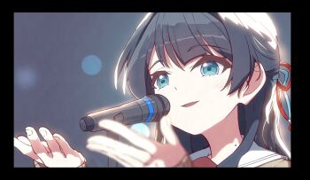 Rule 34 | 1girl, 5th live tour ~4pair power spread!!!!~, black border, blue eyes, blue hair, blue ribbon, blurry, bokeh, border, depth of field, hair ribbon, hashtag-only commentary, hasu no sora school uniform, highres, link! like! love live!, long hair, love live!, microphone, microphone stand, mole, mole on neck, murano sayaka, red ribbon, ribbon, school uniform, sio pasta, smile, solo