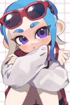 Rule 34 | 1girl, blue hair, commentary, crossed arms, eyelashes, eyewear on head, highres, long hair, looking at viewer, nintendo, octoling, octoling girl, octoling player character, open mouth, purple eyes, red-framed eyewear, sabata saba, sitting, sleeves past wrists, solo, splatoon (series), splatoon 3, sunglasses, symbol-only commentary, tentacle hair, thick eyebrows, white background