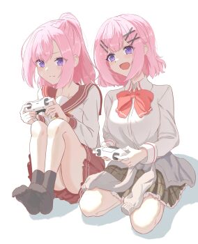 Rule 34 | 2girls, absurdres, amaori haruna, amaori renako, ashigaya high school uniform, bow, bowtie, clothes around waist, collared shirt, controller, game controller, hair ornament, hairclip, highres, holding, holding controller, holding game controller, jacket, jacket around waist, kneeling, long hair, medium hair, mikang, multiple girls, neckerchief, open mouth, pink hair, ponytail, purple eyes, red bow, red bowtie, red sailor collar, red skirt, sailor collar, school uniform, shirt, siblings, simple background, sisters, skirt, watashi ga koibito ni nareru wake naijan murimuri!, white background, white shirt, x hair ornament, yellow neckerchief