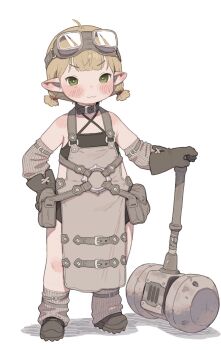Rule 34 | 1girl, absurdres, brown gloves, commentary, final fantasy, final fantasy xiv, flat chest, full body, gloves, goggles, goggles on head, green eyes, hammer, highres, holding, holding hammer, lalafell, looking at viewer, original, pointy ears, possummachine, simple background, solo, white background