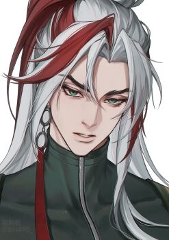 1boy aqua_eyes bh495 black_shirt earrings eyelashes hashtag-only_commentary heartsteel_yone highres jewelry league_of_legends long_hair looking_at_viewer male_focus multicolored_hair parted_lips piercing portrait red_hair shirt simple_background single_earring solo streaked_hair teeth white_background white_hair yone_(league_of_legends) zipper