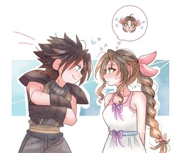 1boy 1girl 7_(milu577610) aerith_gainsborough armor arms_behind_back bare_shoulders black_gloves black_hair blue_eyes blush brown_hair commentary couple cowboy_shot crisis_core_final_fantasy_vii crossed_arms dress final_fantasy final_fantasy_vii flying_sweatdrops gloves green_eyes hair_ribbon heart highres long_hair looking_at_another nervous_sweating pink_ribbon ribbed_sweater ribbon shoulder_armor simple_background sleeveless sleeveless_turtleneck smile speech_bubble spiked_hair sweat sweatdrop sweater symbol-only_commentary thought_bubble turtleneck turtleneck_sweater white_dress zack_fair