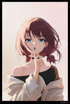 1girl bilingual_commentary black_border black_nails black_shirt blue_eyes border brown_hair collarbone commentary girls_band_cry highres index_finger_raised iseri_nina jacket looking_at_viewer low_twintails mixed-language_commentary nail_polish shaachi shirt short_hair short_twintails single_off_shoulder solo twintails upper_body white_jacket