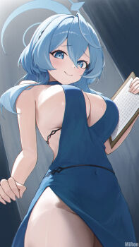 Rule 34 | 1girl, absurdres, ako (blue archive), ako (dress) (blue archive), backless dress, backless outfit, blue archive, blue dress, blue eyes, blue hair, blue halo, breasts, cleavage, clipboard, dress, evening gown, halo, highres, holding, holding clipboard, looking at viewer, mi rong abmiron, official alternate costume, plunging neckline, sideboob, sideless dress, sideless outfit, sleeveless, sleeveless dress, smile, solo