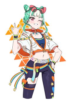 1girl \m/ belt black_pants blue_shirt blunt_bangs bracelet breasts chimumu choker cleavage commentary cone_hair_bun cowboy_shot cropped_jacket cropped_legs cropped_shirt dolldolldd double_bun english_commentary eyewear_on_head green_hair grin hair_bun hand_on_own_hip hand_up highres jacket jewelry looking_at_viewer medium_breasts midriff multicolored_hair necklace orange_choker pants pink-tinted_eyewear pink_eyes pretty_series shirt short_hair sidelocks simple_background smile solo standing star_(symbol) star_choker star_necklace streaked_hair sunglasses tinted_eyewear waccha_primagi! white_background white_hair white_jacket wide_sleeves