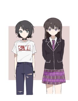 Rule 34 | 2girls, bang dream!, bang dream! it's mygo!!!!!, black choker, black hair, black jacket, blue eyes, blue pants, bracelet, chinese commentary, choker, commentary request, dress, haneoka school uniform, highres, jacket, jewelry, kuang quanshui, long hair, mole, mole under eye, multiple girls, necktie, pants, plaid clothes, plaid skirt, purple eyes, purple necktie, purple skirt, school uniform, shiina taki, shirt, short hair, short sleeves, skirt, torn clothes, torn pants, white shirt, yahata umiri