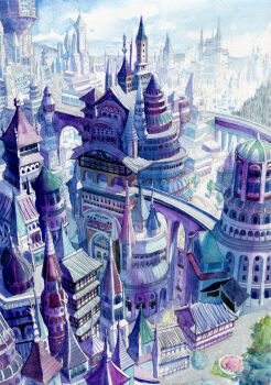 bridge building cloud cloudy_sky commentary_request day highres kyuui no_humans original outdoors painting_(medium) scenery sky tower traditional_media watercolor_(medium)