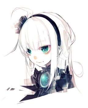 1girl black_dress blunt_bangs closed_mouth collar commentary_request dress fantasy floating_hair glowing gradient_eyes green_eyes hair_ornament headband long_hair multicolored_eyes original portrait riuichi simple_background smile swept_bangs white_background white_hair