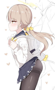 1boy 1girl absurdres assertive_female backpack bag between_buttocks black_pantyhose blonde_hair blue_archive blush bulge bulge_to_ass buttjob buttjob_over_clothes chikan clothes_lift doldol_(rkwowlqrp) erection erection_under_clothes expressionless faceless faceless_male from_side hair_ornament hair_ribbon halo hifumi_(blue_archive) highres light_brown_hair loli long_hair molestation pantyhose ribbon school_bag school_uniform sensei_(blue_archive) sexual_harassment simple_background skirt skirt_lift standing sweat thighband_pantyhose twintails yellow_eyes