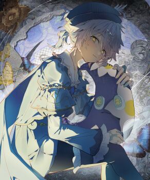 1boy absurdres black_pants bug butterfly closed_mouth commentary dress edgar_valden edgar_valden_(deep_blue) frilled_dress frilled_pants frills hat hat_feather highres identity_v ink insect looking_at_viewer male_focus medium_hair official_alternate_costume pants pba_471 ponytail sitting solo star-shaped_pupils star_(symbol) symbol-shaped_pupils white_hair yellow_eyes