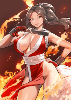 1girl breasts brown_eyes brown_hair cleavage fatal_fury fire gloves hand_on_own_hip highres japanese_clothes large_breasts long_hair ponytail pyrokinesis shiranui_mai smile standing the_king_of_fighters thick_thighs thighs wide_hips